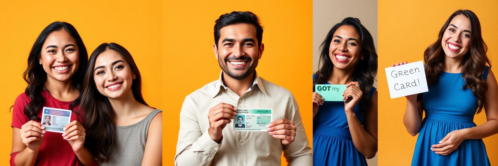 Happy families holding their U.S. Green Cards
